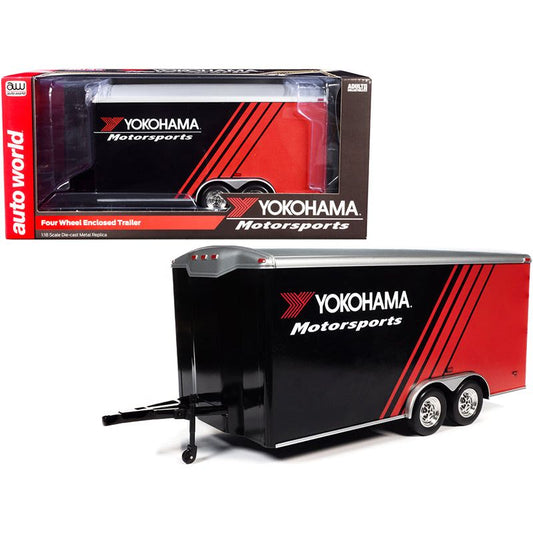 Four Wheel Enclosed Car Trailer "Yokohama Motorsports" Black and Red for 1/18 Scale Model Cars by Auto World