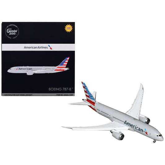 Boeing 787-8 Commercial Aircraft with Flaps Down "American Airlines" Gray with Tail Stripes "Gemini 200" Series 1/200 Diecast Model Airplane by GeminiJets