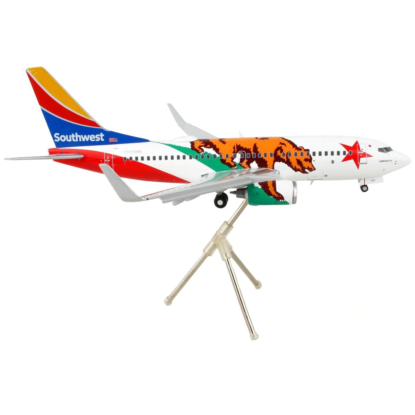 Boeing 737-700 Commercial Aircraft with Flaps Down "Southwest Airlines - California One" California Flag Livery "Gemini 200" Series 1/200 Diecast Model Airplane by GeminiJets