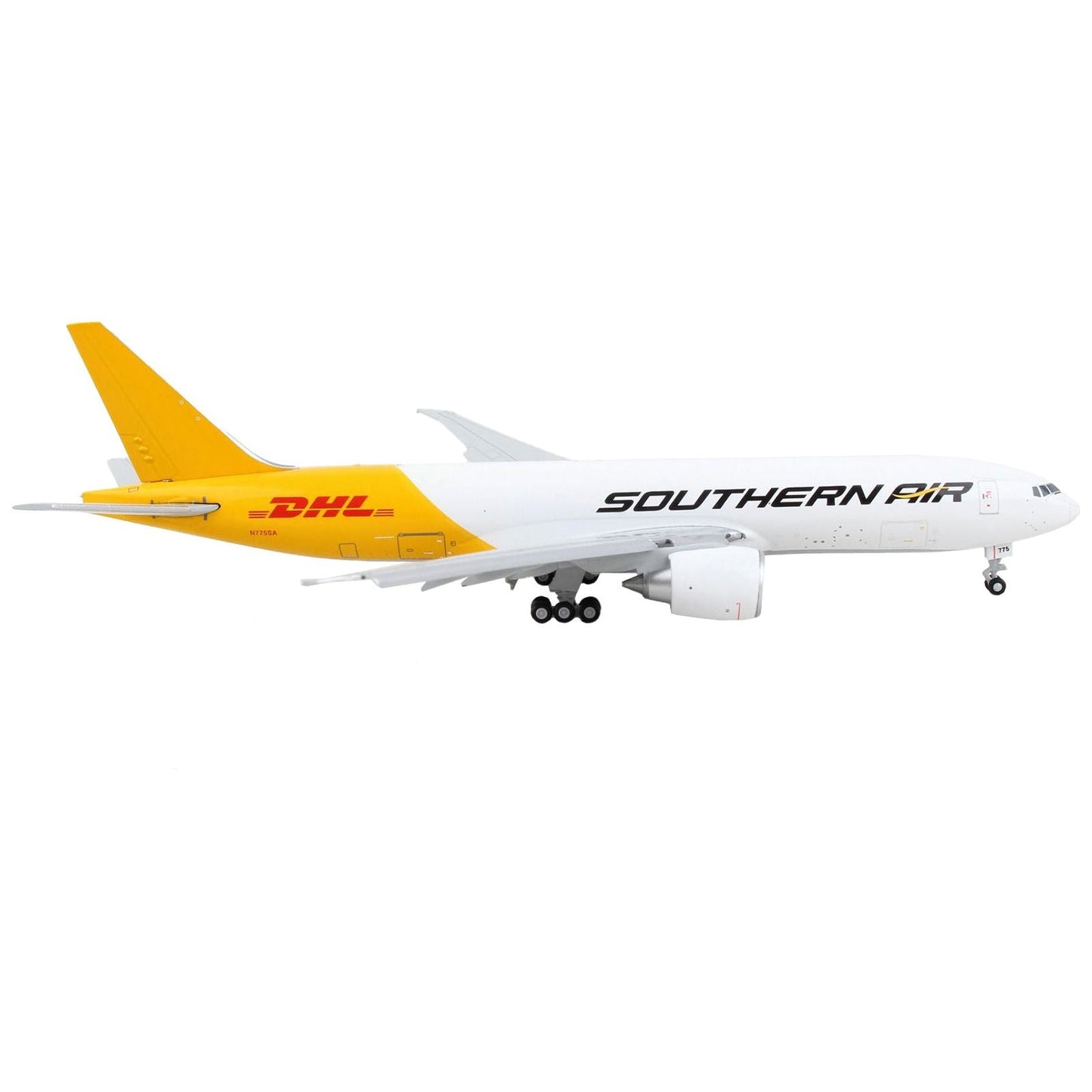 Boeing 777F Commercial Aircraft with Flaps Down "Southern Air - DHL" White and Yellow 1/400 Diecast Model Airplane by GeminiJets