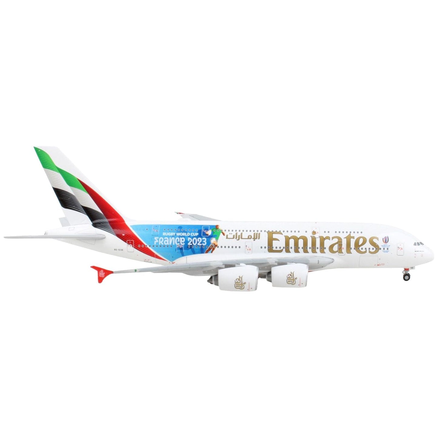 Airbus A380-800 Commercial Aircraft "Emirates Airlines - 2023 Rugby World Cup Sponsor" White with Striped Tail 1/400 Diecast Model Airplane by GeminiJets