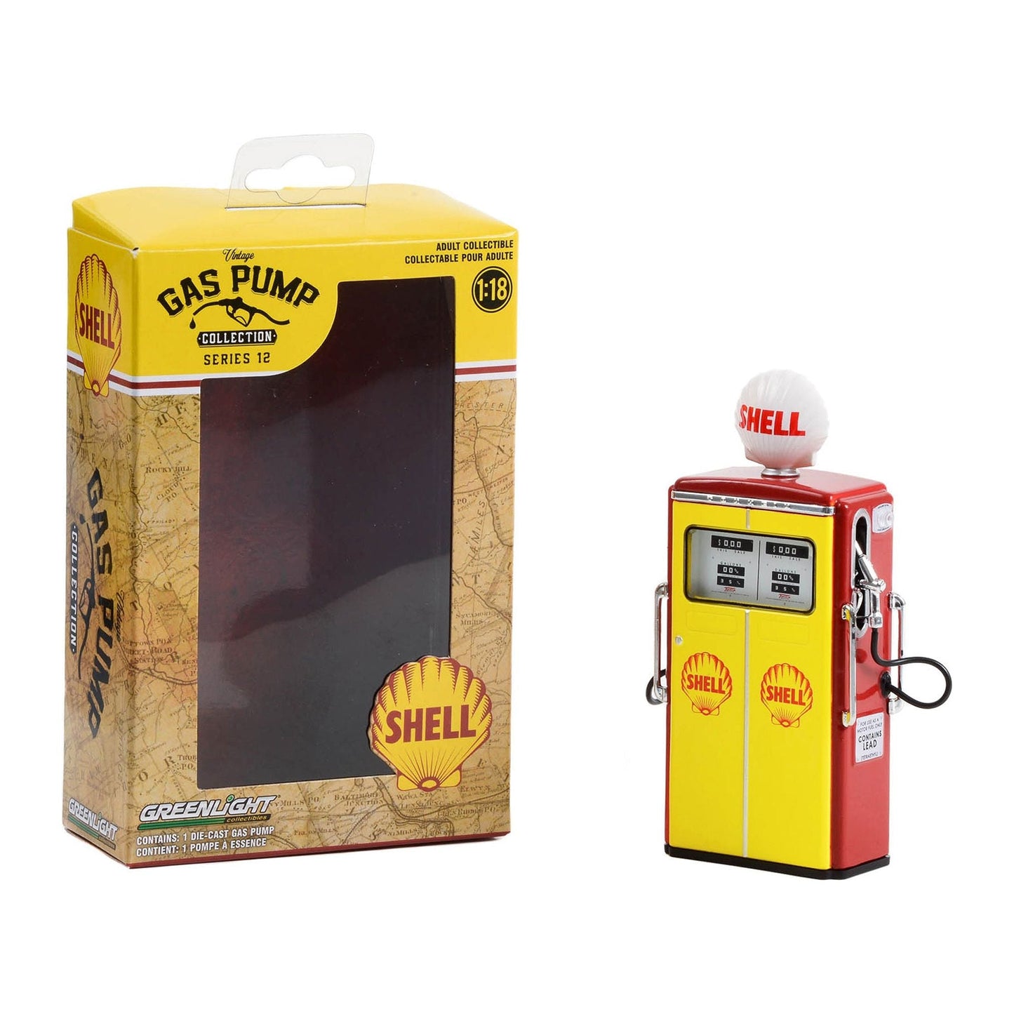 1954 Tokheim 350 Twin Gas Pump "Shell Oil" Yellow and Red "Vintage Gas Pumps" Series 12 1/18 Diecast Model by Greenlight