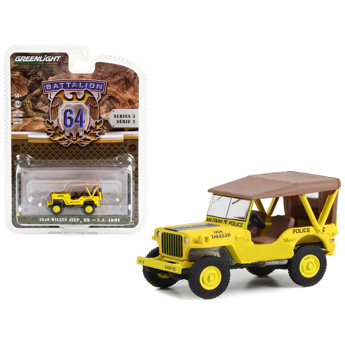 1949 Willys Jeep MB U.S. Army "545th Military Police Company Camp Drake Japan Training Camp" Yellow "Battalion 64" Series 3 1/64 Diecast Model Car by Greenlight