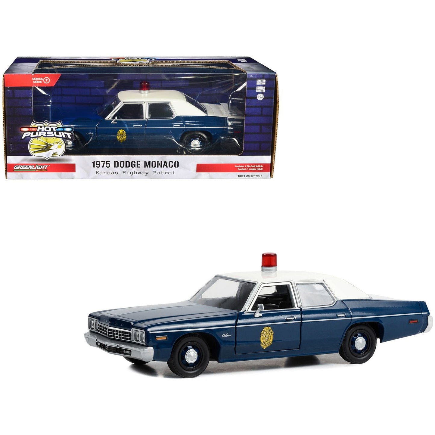 1975 Dodge Monaco Dark Blue with White Top "Kansas Highway Patrol" "Hot Pursuit" Series 1/24 Diecast Model Car by Greenlight