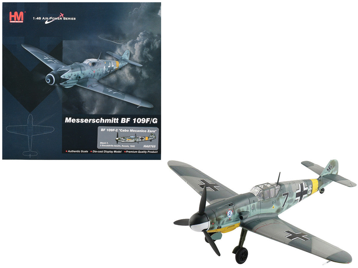 Messerschmitt Bf 109F-2 Fighter Aircraft "Black 7 Cabo Mecanico Zaro 2 Escuadrilla Azul Russia" (1942) Spanish Air Force "Air Power Series" 1/48 Diecast Model by Hobby Master