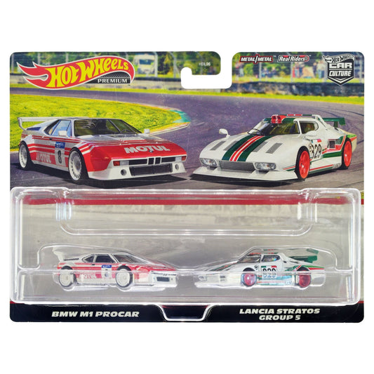 BMW M1 Procar #8 White with Red Stripes and Lancia Stratos Group 5 #829 White with Stripes "Car Culture" Set of 2 Cars Diecast Model Cars by Hot Wheels