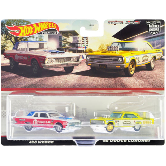 1963 Plymouth Belvedere 426 Wedge "MOPAR" White and Red with Blue Top and 1965 Dodge Coronet "Eastbound and Crowned" Yellow and White "Car Culture" Set of 2 Cars Diecast Model Cars by Hot Wheels