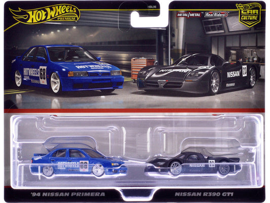 1994 Nissan Primera RHD (Right Hand Drive) #68 Blue and Nissan R390 GT1 #23 Matt Black "Car Culture" Set of 2 Cars Diecast Model Cars by Hot Wheels