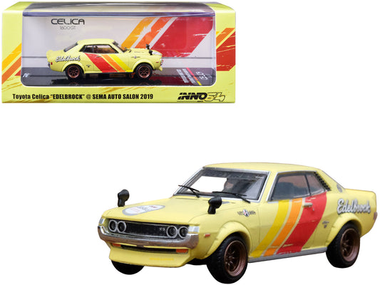 Toyota Celica 1600GT (TA22) Yellow with Stripes (Weathered) "Edelbrock" SEMA Auto Salon (2019) 1/64 Diecast Model Car by Inno Models