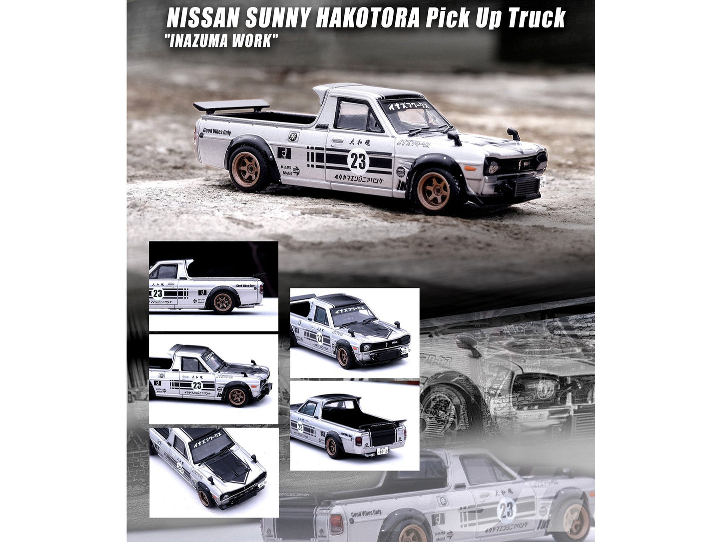 Nissan Sunny Hakotora Pickup Truck RHD (Right Hand Drive) #23 Silver Metallic with Black Graphics "Inazuma Work" 1/64 Diecast Model Car by Inno Models