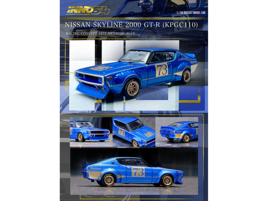 Nissan Skyline 2000 GT-R (KPGC110) RHD (Right Hand Drive) #73 Blue Metallic "Racing Concept" 1/64 Diecast Model Car by Inno Models