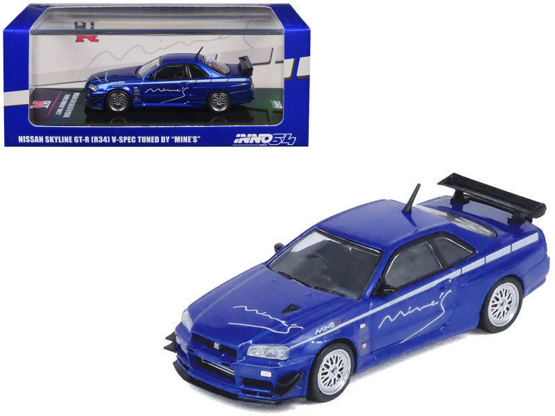 Nissan Skyline GT-R (R34) V-SPEC RHD (Right Hand Drive) "Tuned by Mine's" Blue Metallic 1/64 Diecast Model Car by Inno Models