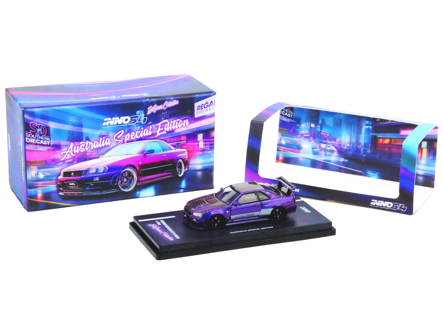 Nissan Skyline GT-R (R34) Z-Tune RHD (Right Hand Drive) Purple Metallic "EndGame Collection - Australia Special Edition" 1/64 Diecast Model Car by Inno Models