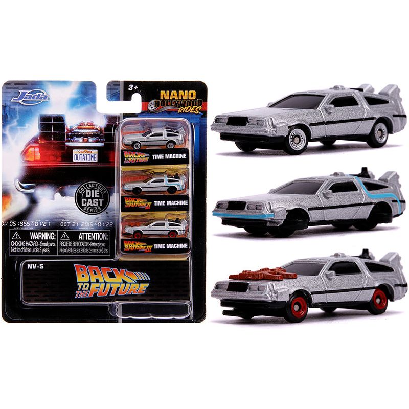 "Back to the Future" Time Machine 3 piece Set "Nano Hollywood Rides" Diecast Model Cars by Jada