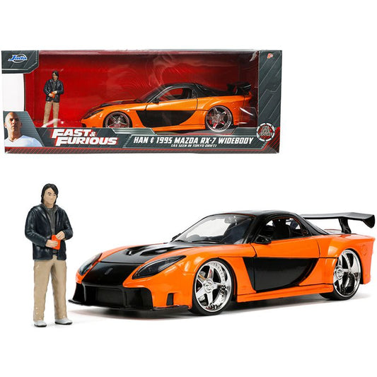 1995 Mazda RX-7 Widebody RHD (Right Hand Drive) Orange Metallic and Black with Han Diecast Figurine "The Fast and the Furious: Tokyo Drift" (2006) Movie 1/24 Diecast Model Car by Jada