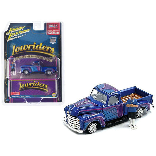 1950 Chevrolet 3100 Pickup Truck Lowrider Blue with Graphics and Diecast Figure Limited Edition to 3600 pieces Worldwide 1/64 Diecast Model Car by Johnny Lightning