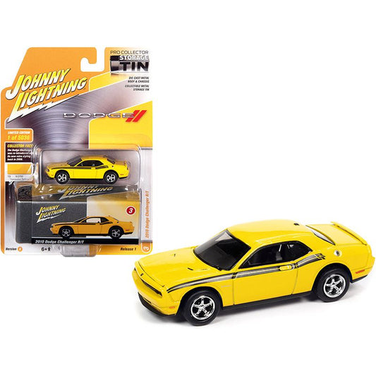 2010 Dodge Challenger R/T Detonator Yellow with Black Stripes and Collector Tin Limited Edition to 5036 pieces Worldwide 1/64 Diecast Model Car by Johnny Lightning