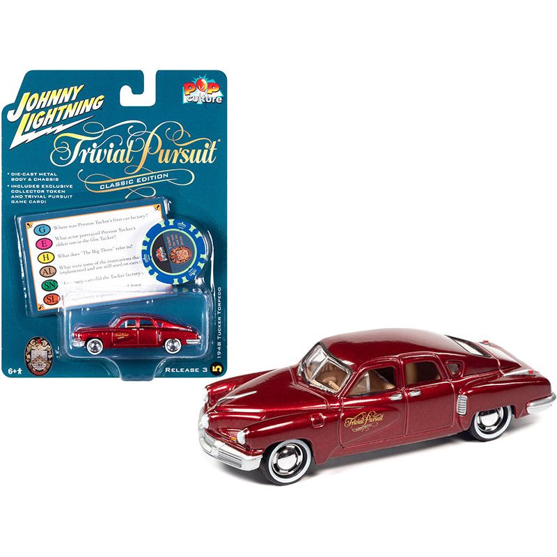 1948 Tucker Torpedo Red Maroon Metallic "Tucker: The Man and His Dream" (1988) Movie with Poker Chip (Collector Token) and Game Card "Trivial Pursuit" "Pop Culture" Series 3 1/64 Diecast Model Car by Johnny Lightning