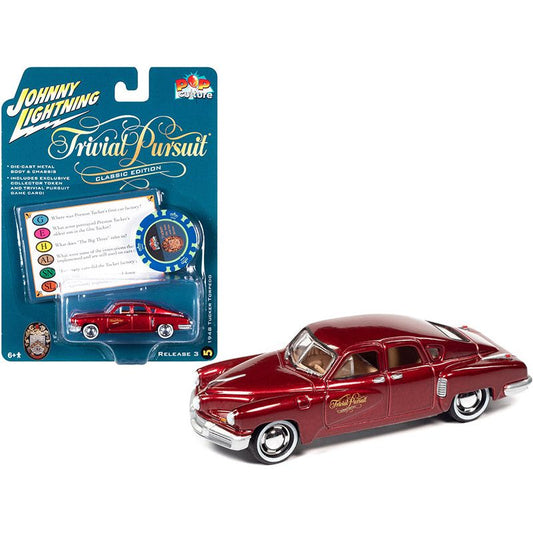 1948 Tucker Torpedo Red Maroon Metallic "Tucker: The Man and His Dream" (1988) Movie with Poker Chip (Collector Token) and Game Card "Trivial Pursuit" "Pop Culture" Series 3 1/64 Diecast Model Car by Johnny Lightning