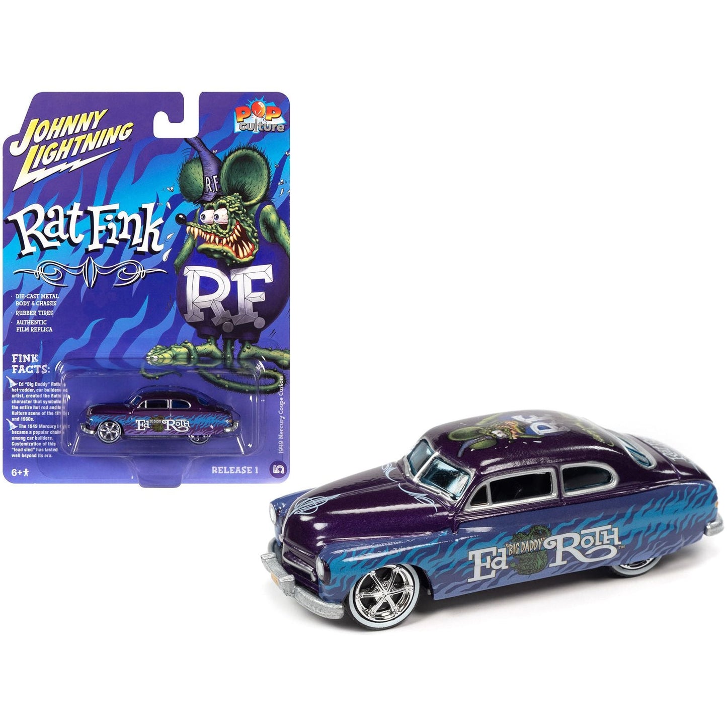 1949 Mercury Coupe Custom Purple Metallic with Graphics "Rat Fink" "Pop Culture" 2022 Release 1 1/64 Diecast Model Car by Johnny Lightning