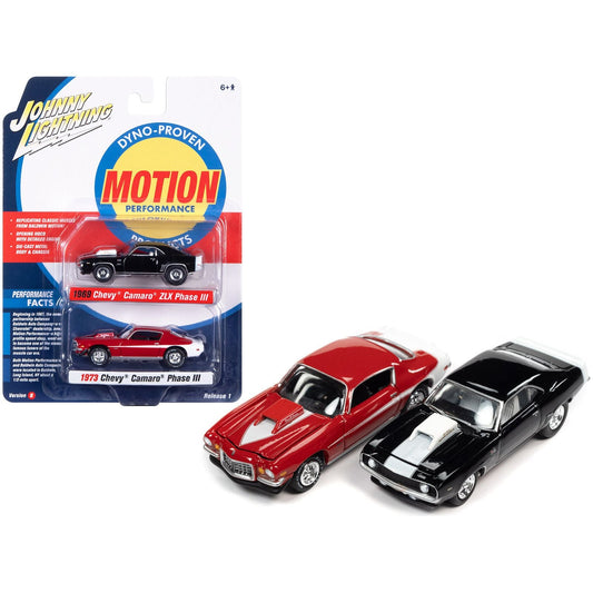 1969 Chevrolet Camaro ZLX Phase III Black with White Stripes and 1973 Chevrolet Camaro Phase III Medium Red and White "Baldwin Motion" Set of 2 Cars 1/64 Diecast Model Cars by Johnny Lightning