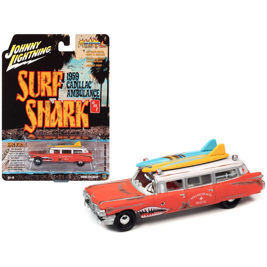 1959 Cadillac Ambulance Red with White Top "Malibu Beach Rescue" (Weathered) with Surfboards on Roof "Surf Shark" "Street Freaks" Series 1/64 Diecast Model Car by Johnny Lightning