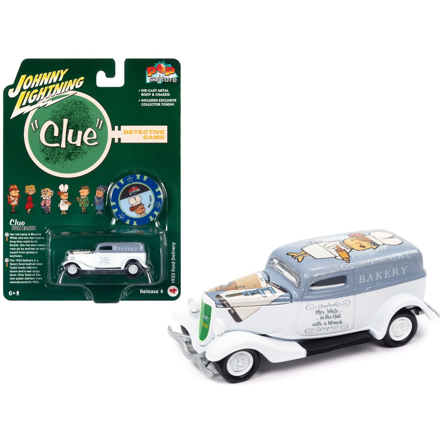 1933 Ford Delivery Van White with Gray Top (Mrs. White) with Poker Chip Collector's Token "Vintage Clue" "Pop Culture" 2022 Release 4 1/64 Diecast Model Car by Johnny Lightning