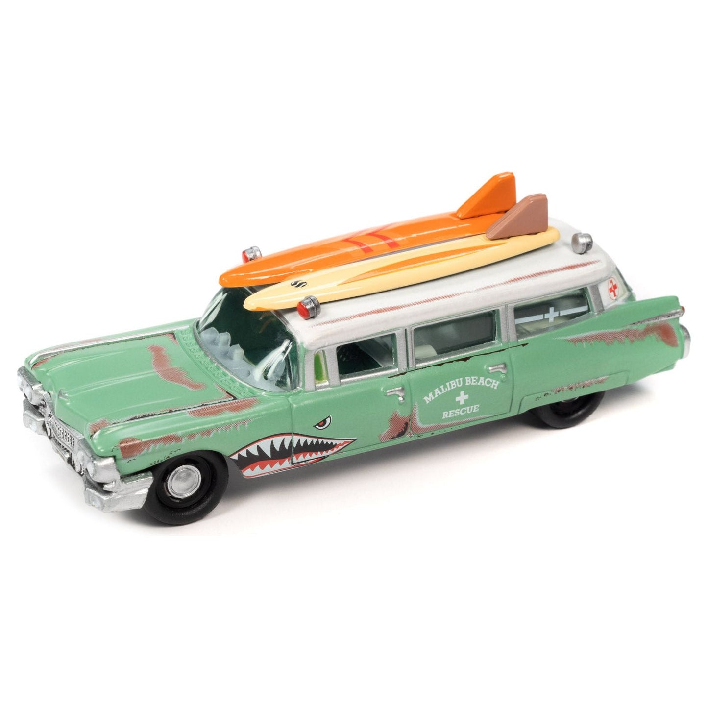 1950 Mercury Woody Wagon Matt Black w/ Wood Panels "Nomad Surf Shop" & 1959 Cadillac Ambulance Teal w/ Surf Shark Graphics & White Top Rusted "Malibu Beach Rescue" "Surf Rods" Set 2 Cars 2-Packs 2023 Release 2 1/64 Diecast Models by Johnny Lightning