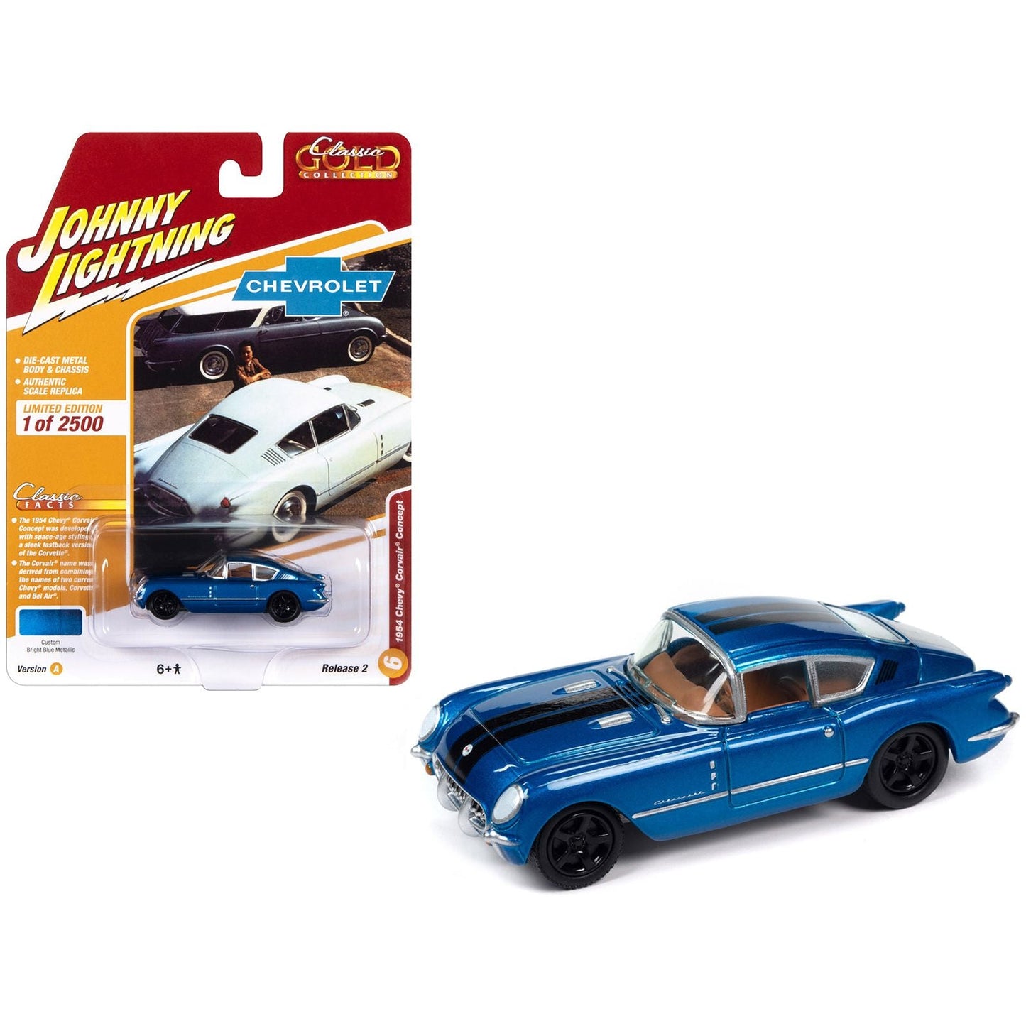 1954 Chevrolet Corvair Concept Car Bright Blue Metallic with Black Stripes "Classic Gold Collection" 2023 Release 2 Limited Edition to 2500 pieces Worldwide 1/64 Diecast Model Car by Johnny Lightning