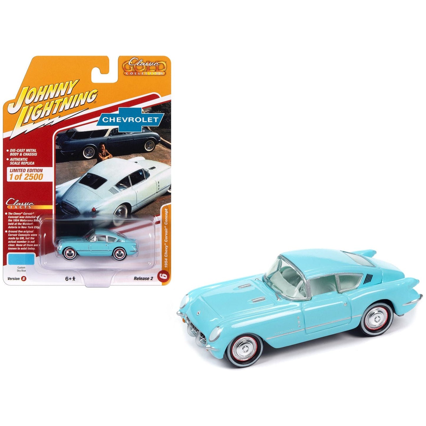 1954 Chevrolet Corvair Concept Car Sky Blue with Light Blue Interior "Classic Gold Collection" 2023 Release 2 Limited Edition to 2500 pieces Worldwide 1/64 Diecast Model Car by Johnny Lightning