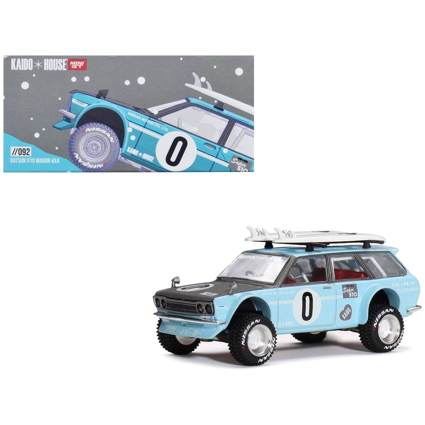 Datsun Kaido 510 Wagon 4x4 RHD (Right Hand Drive) Light Blue with Carbon Hood with Surfboards on Roof "Winter Holiday Edition" (Designed by Jun Imai) "Kaido House" Special 1/64 Diecast Model Car by True Scale Miniatures