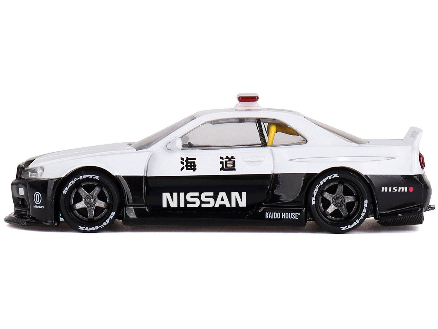 Nissan Skyline GT-R (R34) "Kaido Works (V2 Aero)" RHD (Right Hand Drive) Black and White "Japan Police" (Designed by Jun Imai) "Kaido House" Special 1/64 Diecast Model Car by Mini GT