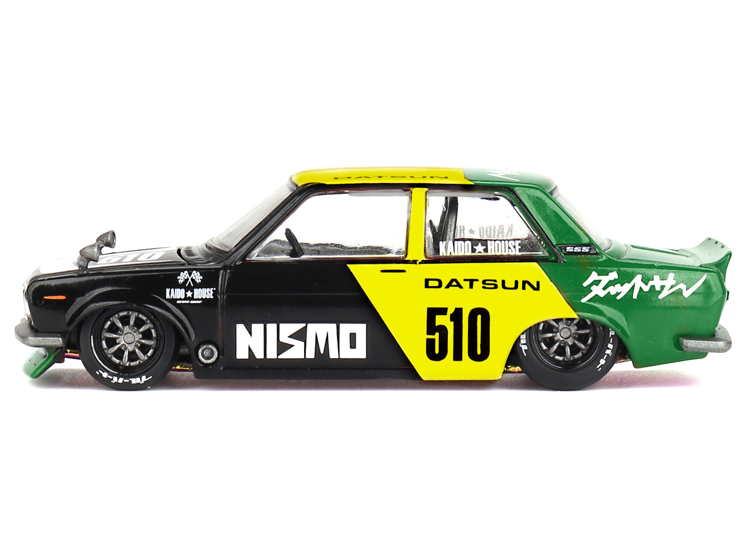 Datsun Street 510 "Racing V2" Black and Green with Yellow Accents (Designed by Jun Imai) "Kaido House" Special 1/64 Diecast Model Car by Mini GT