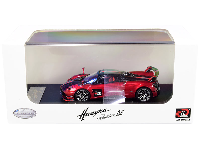 Pagani Huayra Roadster BC Red Metallic and Carbon with Red and White Stripes 1/64 Diecast Model Car by LCD Models