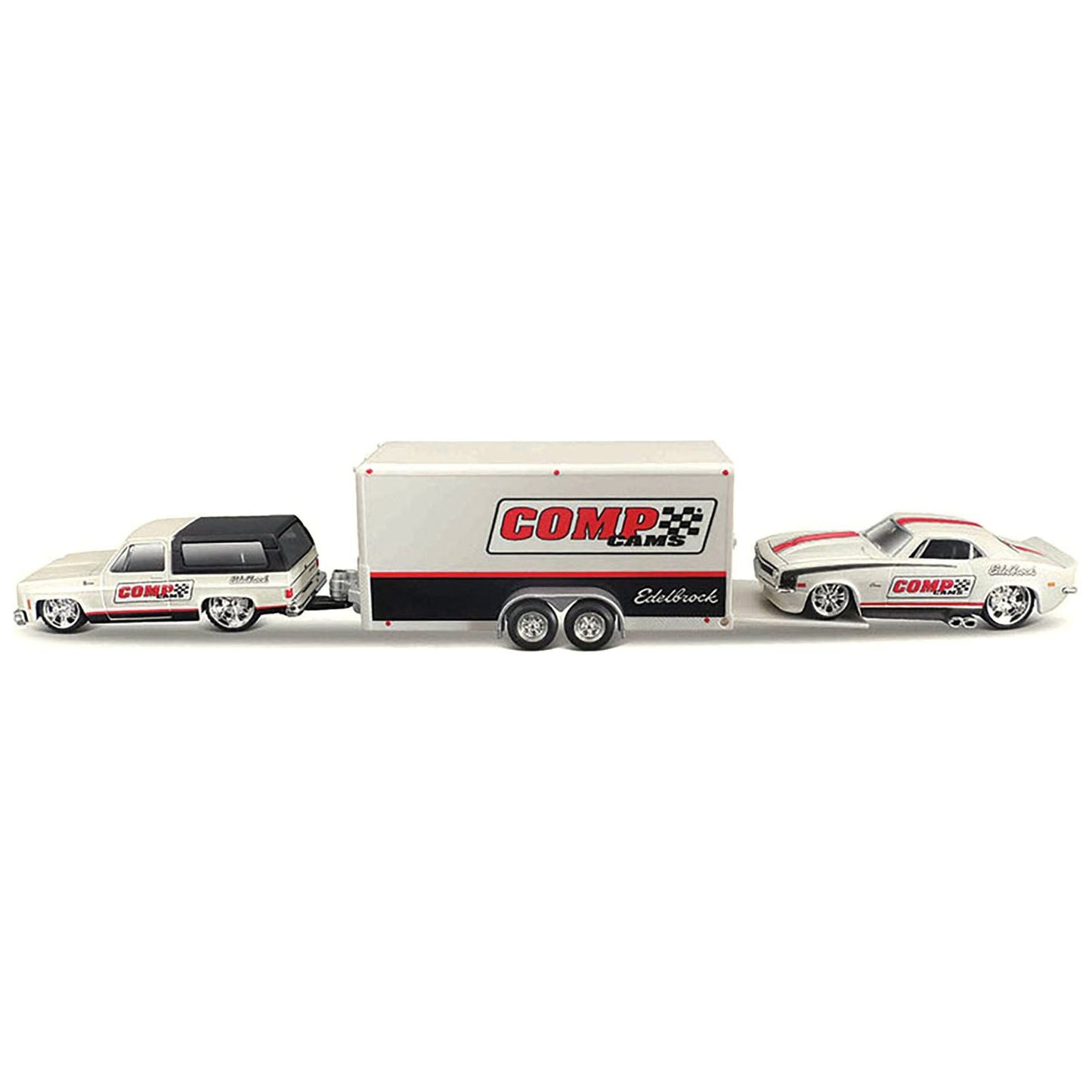 1979 Chevrolet K5 Blazer White and Black and 1968 Chevrolet Camaro Z/28 White with Stripes with Enclosed Car Trailer "Comp Cams - Edlebrock" "Team Haulers" Series 1/64 Diecast Model Car by Maisto