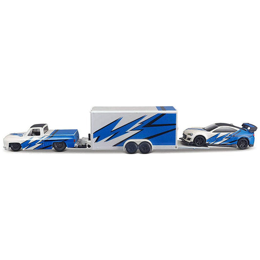 1987 Chevrolet 1500 Pickup Truck White with Blue Graphics and 2019 Subaru BRZ White with Blue Graphics with Enclosed Car Trailer "Team Haulers" Series 1/64 Diecast Model Car by Maisto