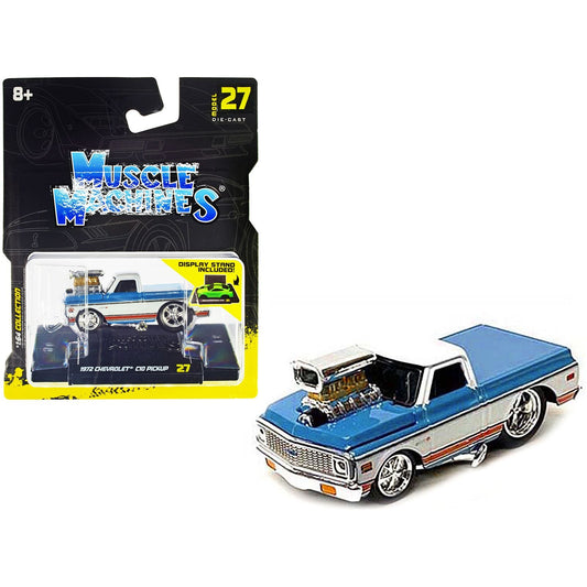 1972 Chevrolet C10 Pickup Truck Blue and White with Stripes 1/64 Diecast Model Car by Muscle Machines