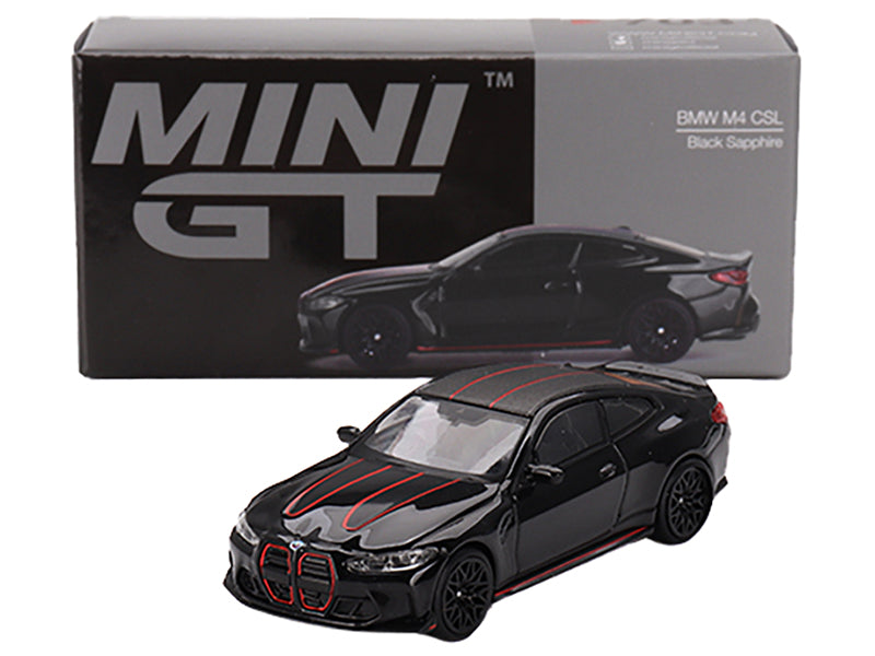 BMW M4 CSL Black Sapphire with Carbon Top and Red Stripes Limited Edition to 2760 pieces Worldwide 1/64 Diecast Model Car by Mini GT