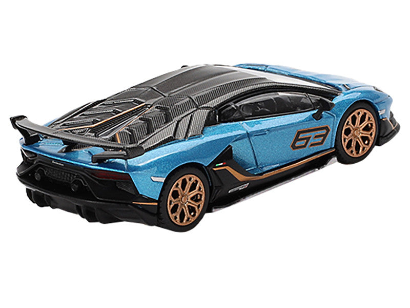 Lamborghini Aventador SVJ 63 Blu Aegir Blue Metallic with Carbon Top Limited Edition 1/64 Diecast Model Car by Mini GT