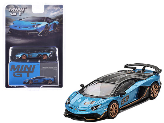 Lamborghini Aventador SVJ 63 Blu Aegir Blue Metallic with Carbon Top Limited Edition 1/64 Diecast Model Car by Mini GT