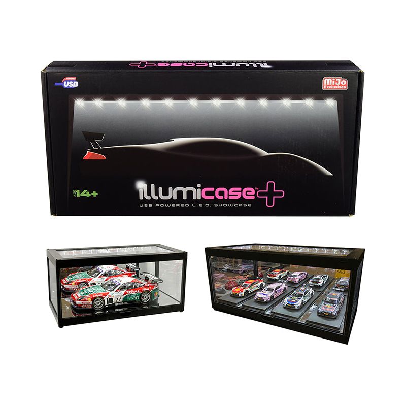 Black Collectible Display Show Case Illumicase+ with LED Lights and Mirror Base and Back for 1/64 1/43 1/32 1/24 1/18 Scale Models by Illumibox