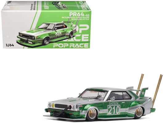 Skyline C210 Kaido Racer "Bosozoku Style" RHD (Right Hand Drive) #210 Green and Silver 1/64 Diecast Model Car by Pop Race