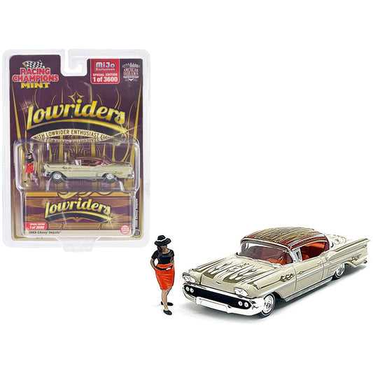 1958 Chevrolet Impala Lowrider Beige with Graphics and Orange Interior with Diecast Figure Limited Edition to 3600 pieces Worldwide 1/64 Diecast Model Car by Racing Champions