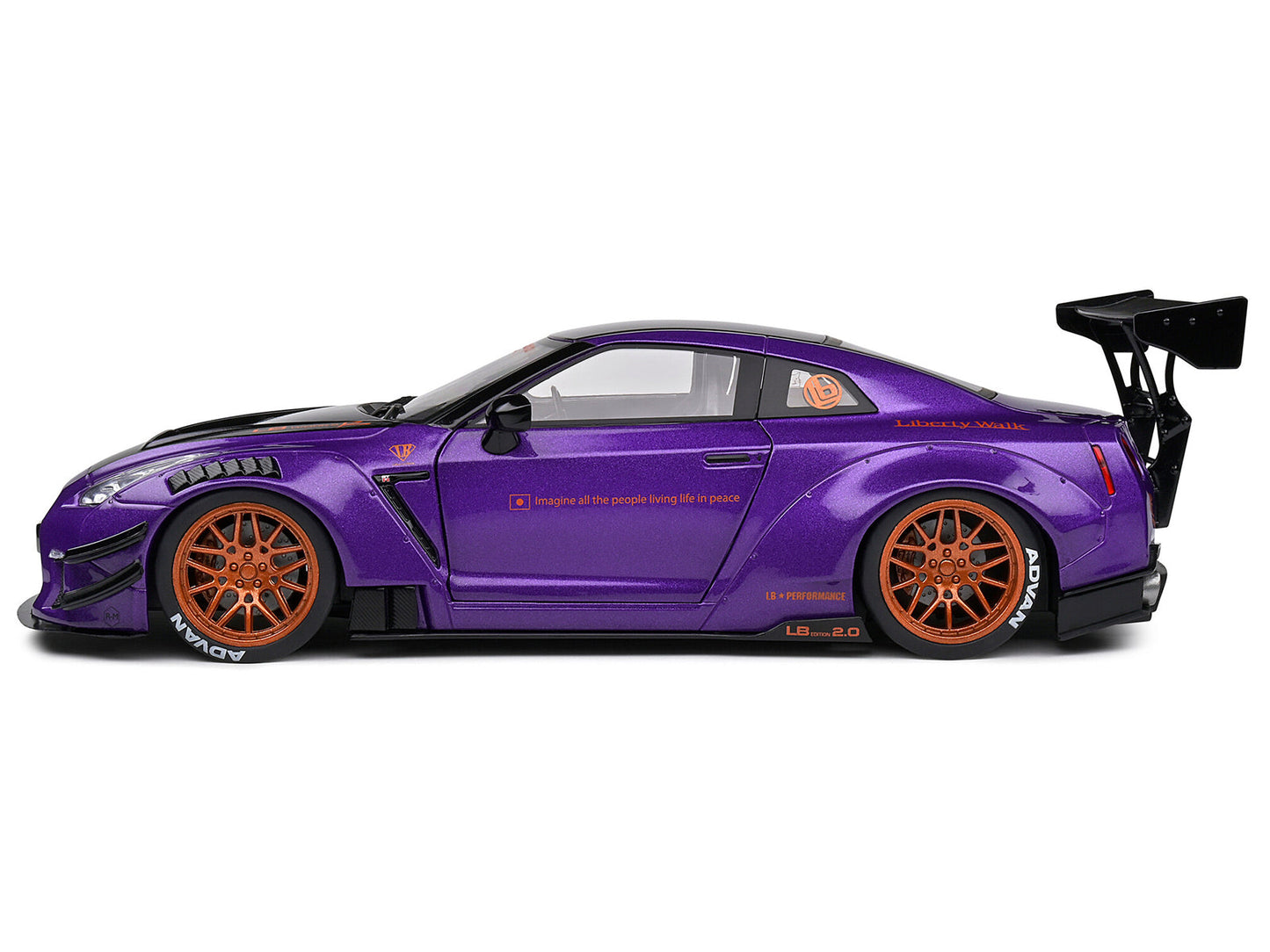 2022 Nissan Skyline GT-R (R35) Liberty Walk Body Kit 2.0 RHD (Right Hand Drive) Purple Metallic with Black Top and Carbon Hood "Purplezilla" 1/18 Diecast Model Car by Solido