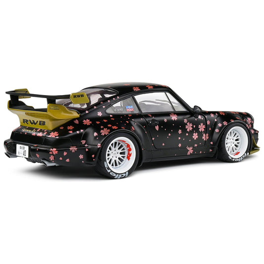 2021 RWB Aoki Matt Black with Cherry Blossom Graphics "Rauh WeltBegriff" 1/18 Diecast Model Car by Solido