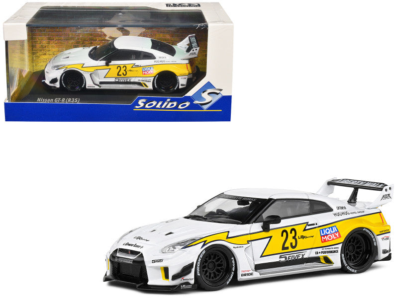 2019 Nissan GTR35 "LBWK Silhouette" RHD (Right Hand Drive) #23 White with Yellow Graphics 1/43 Diecast Model Car by Solido