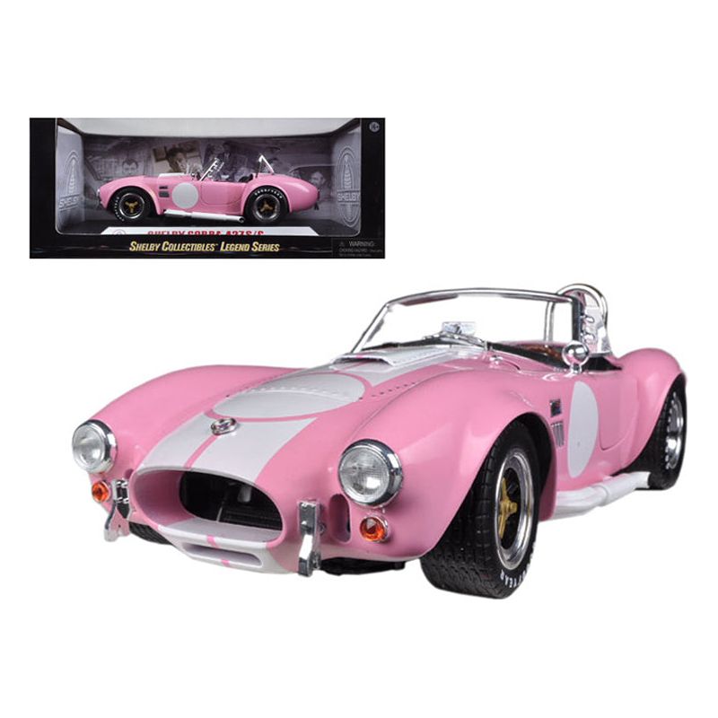 1965 Shelby Cobra 427 S/C Pink with White Stripes with Printed Carroll Shelby Signature's on the Trunk 1/18 Diecast Model Car by Shelby Collectibles