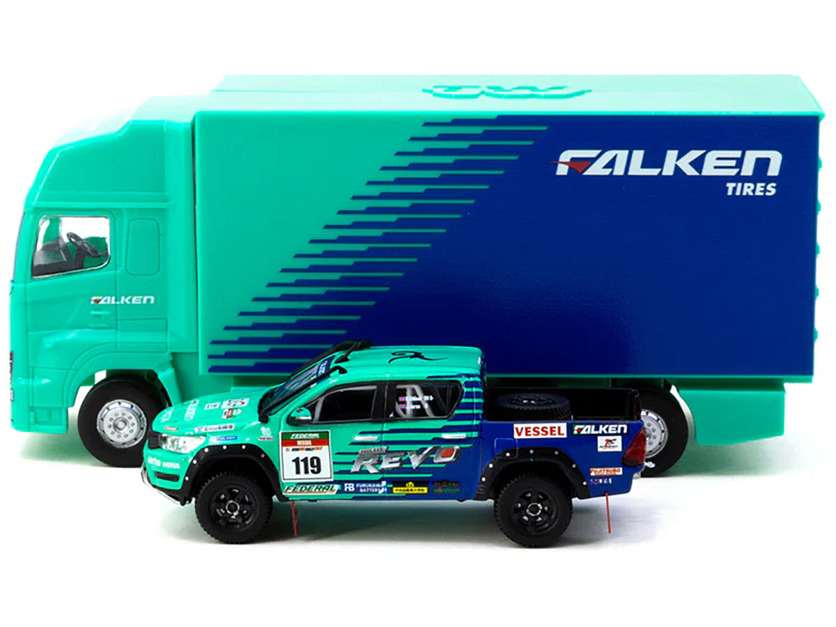 2017 Toyota Hilux AXCR Pickup Truck RHD (Right Hand Drive) #119 Green and Blue "Falken" Livery with Plastic Transporter Packaging "Falken Tires" 1/64 Diecast Model Car by Tarmac Works