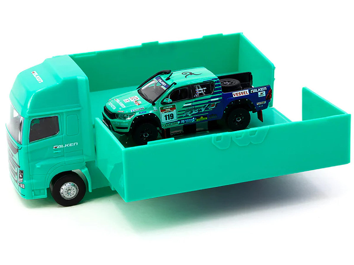 2017 Toyota Hilux AXCR Pickup Truck RHD (Right Hand Drive) #119 Green and Blue "Falken" Livery with Plastic Transporter Packaging "Falken Tires" 1/64 Diecast Model Car by Tarmac Works