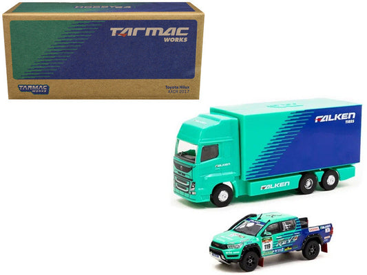 2017 Toyota Hilux AXCR Pickup Truck RHD (Right Hand Drive) #119 Green and Blue "Falken" Livery with Plastic Transporter Packaging "Falken Tires" 1/64 Diecast Model Car by Tarmac Works